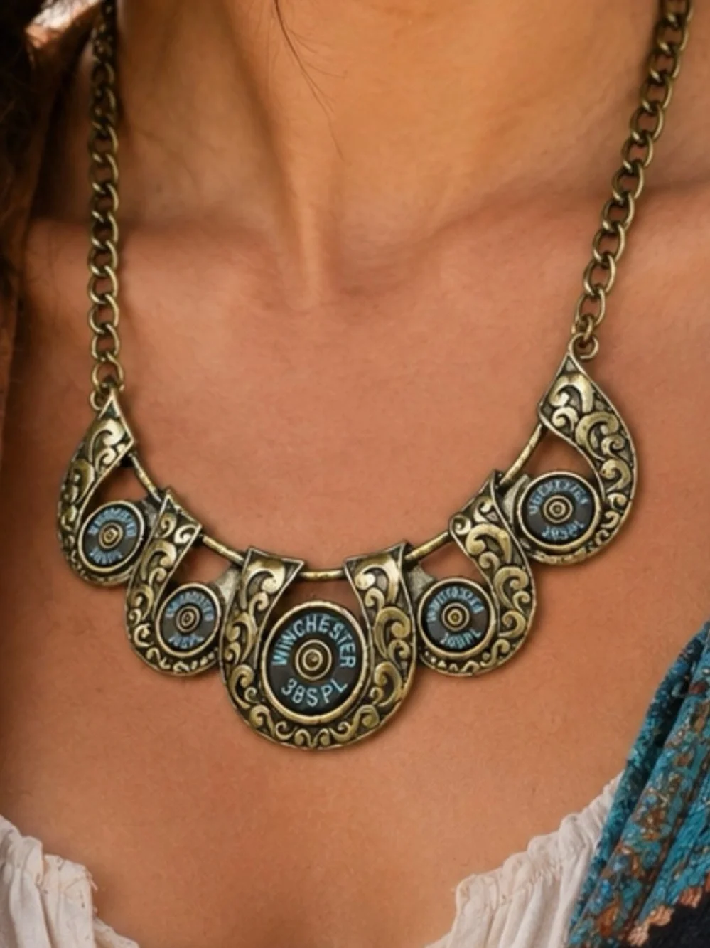 Necklace Western Steampunk Bullet Winchester Brass Statement Collar